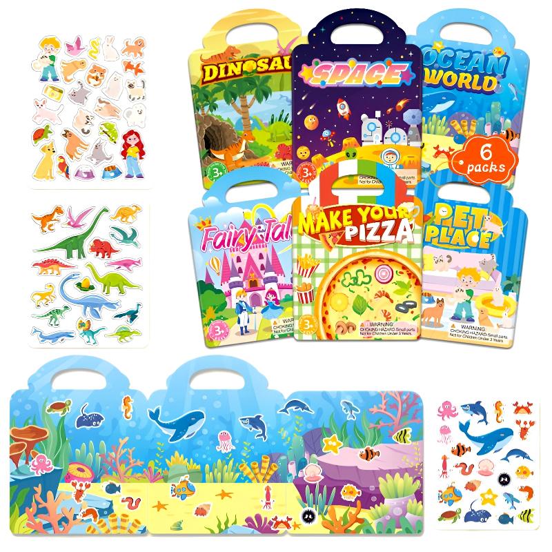 6pcs/set Reusable Jelly Sticker Book Cartoon Multi-Theme Repeated Paste Cognition Stickers Toys Early Learning Toys for Kids