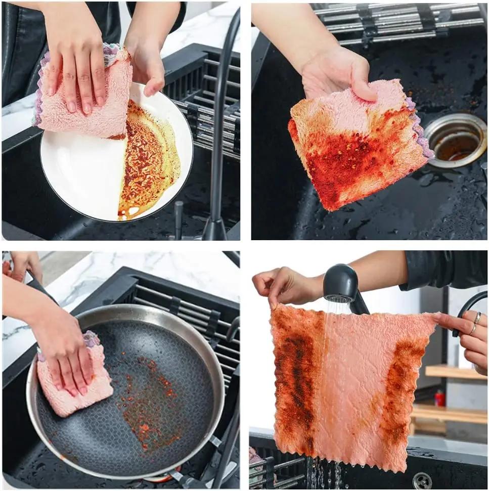 Double-layer Kitchen Cleaning Cloth Microfiber Towels Soft Absorbent Non-stick Oil Towel Rags Household Dish Cloths Clean Tools