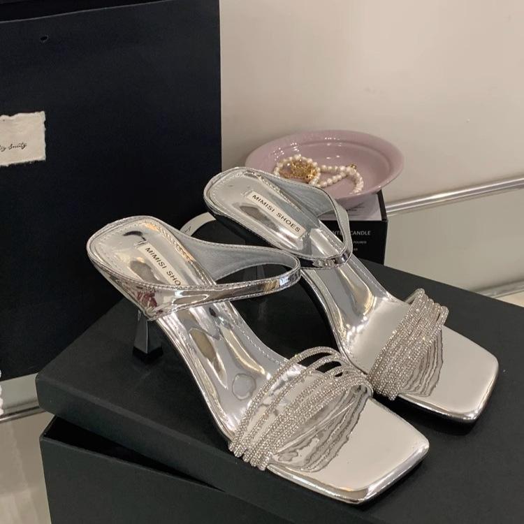 Beautiful High-heeled Fashionable Temperament Square-headed Open-toed Slippers for Women's Summer Wear with Skirts, Rhinestone Cool Slippers for Women