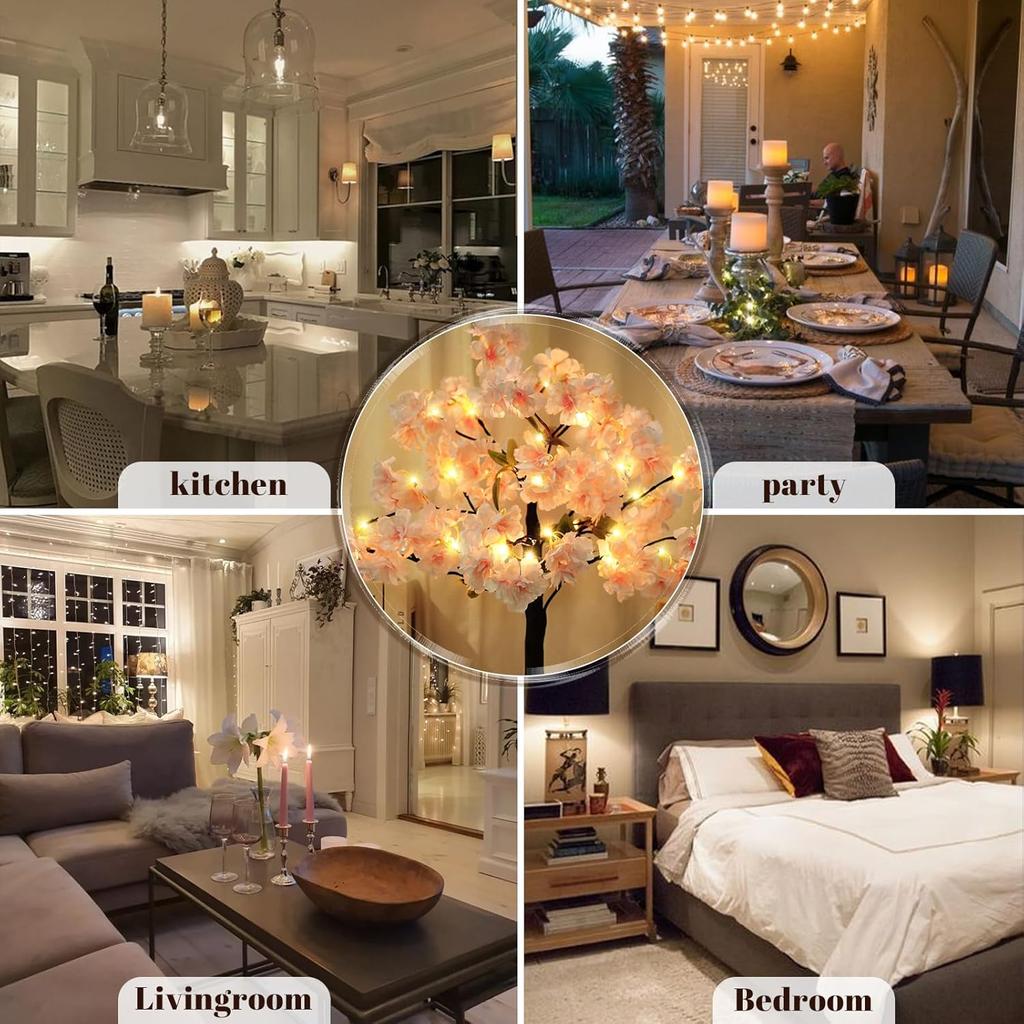 24IN Cherry Blossom Tree Light, 36 LED Lights Tabletop Tree with Timer Pink Flower Tree Lamp with USB Plug or Battery Operated for Home Wedding Party