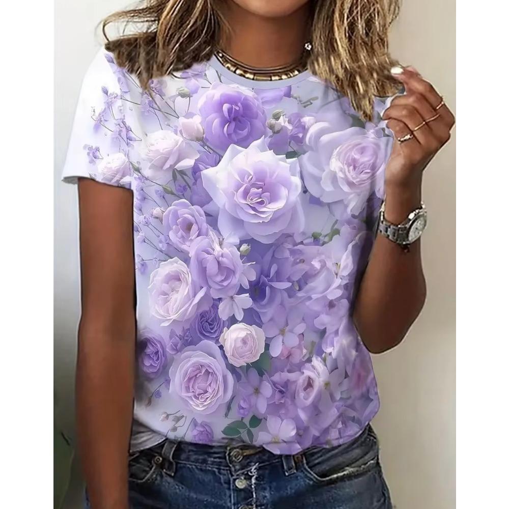 Summer Women's Casual Outdoor Round Neck Short Sleeve Tops Purple Flower Printed Style OverSize Fashion