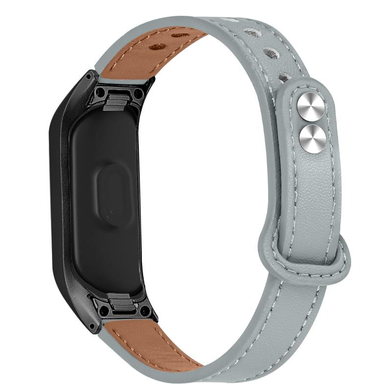 

For Samsung Galaxy Fit SM-R370 Soft Top Layer Cowhide Watch Strap Double Rivet Design Wrist Band,Black Connector Grey