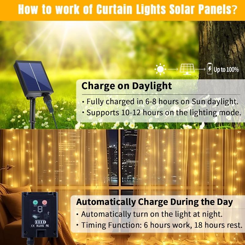 Outdoor Solar Curtain Light 3x3M 300Leds Holiday Decorations Garland 8 Modes Halloween Christmas Party Decor String Lights