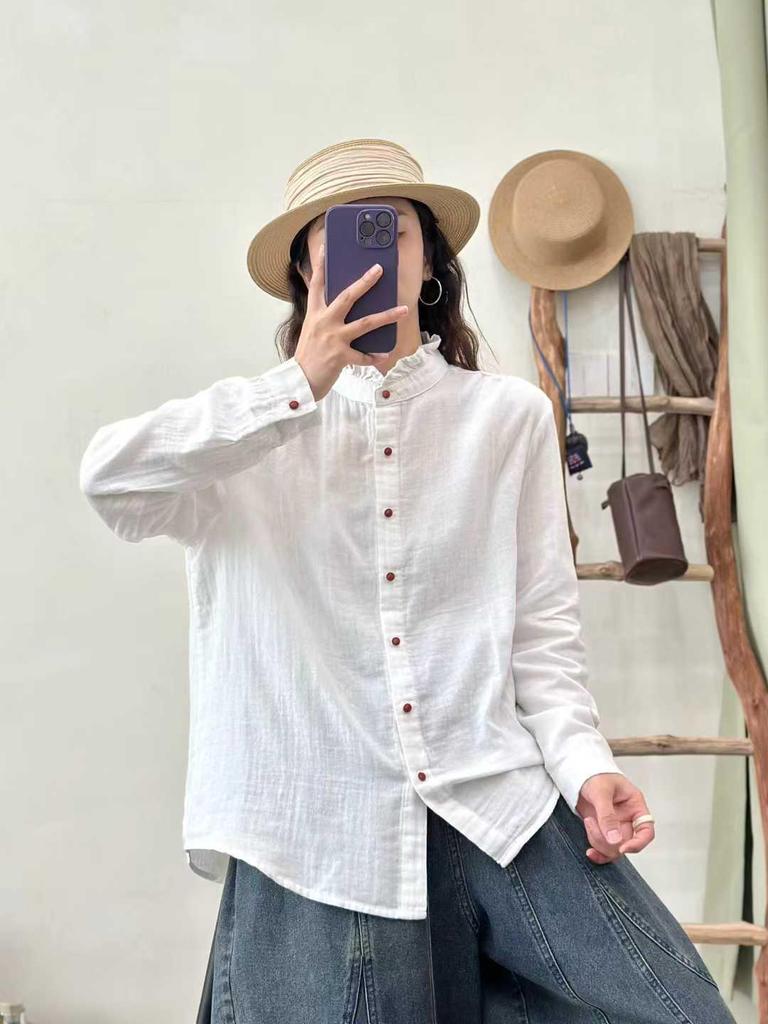 Women's Double-Layer Gauze Cotton Ruffle Stand Collar Long Sleeve Shirt - Early Spring Solid Color Versatile Layering