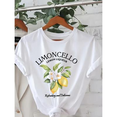 T-shirt con Stampa Limoni, Taglia Europea, Manica Corta, Girocollo, Top Casual per Estate e Primavera, Abbigliamento Donna