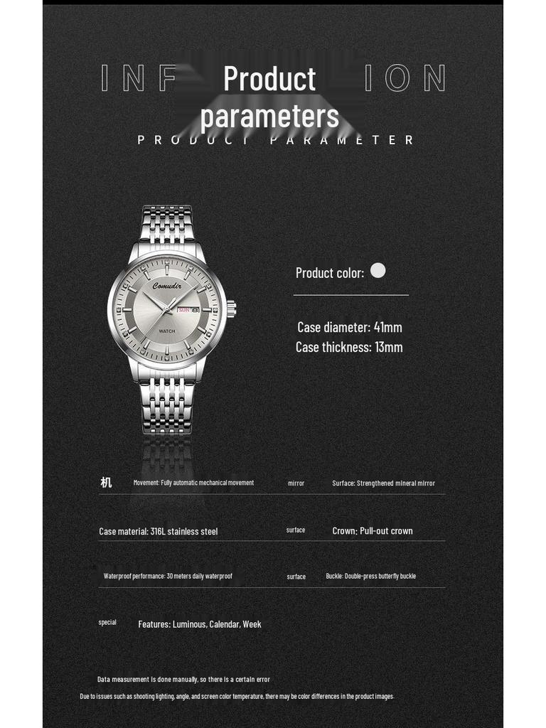 Pánské luminiscenční vodotěsné automatické skeletonové hodinky s dvojitým kalendářem