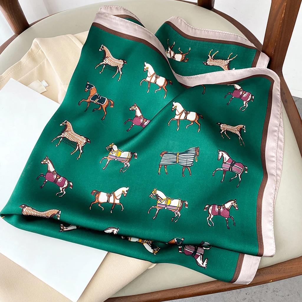 New Print Silk Square Scarf Women Soft Satin Horse Hairband Neckerchief Office Hijab Headband Foulard Bag Ribbons Gift
