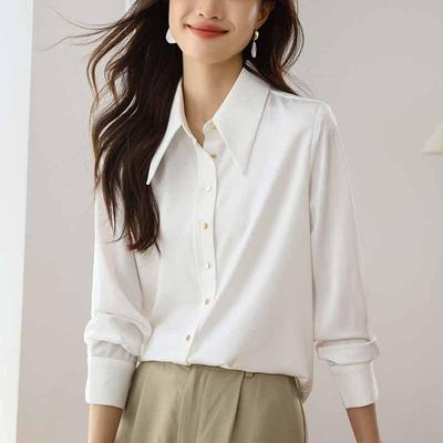 Women's Long Sleeve White Satin Shirt - Acetate Chiffon, Spring/Autumn Casual Professional Commute Wear 2025