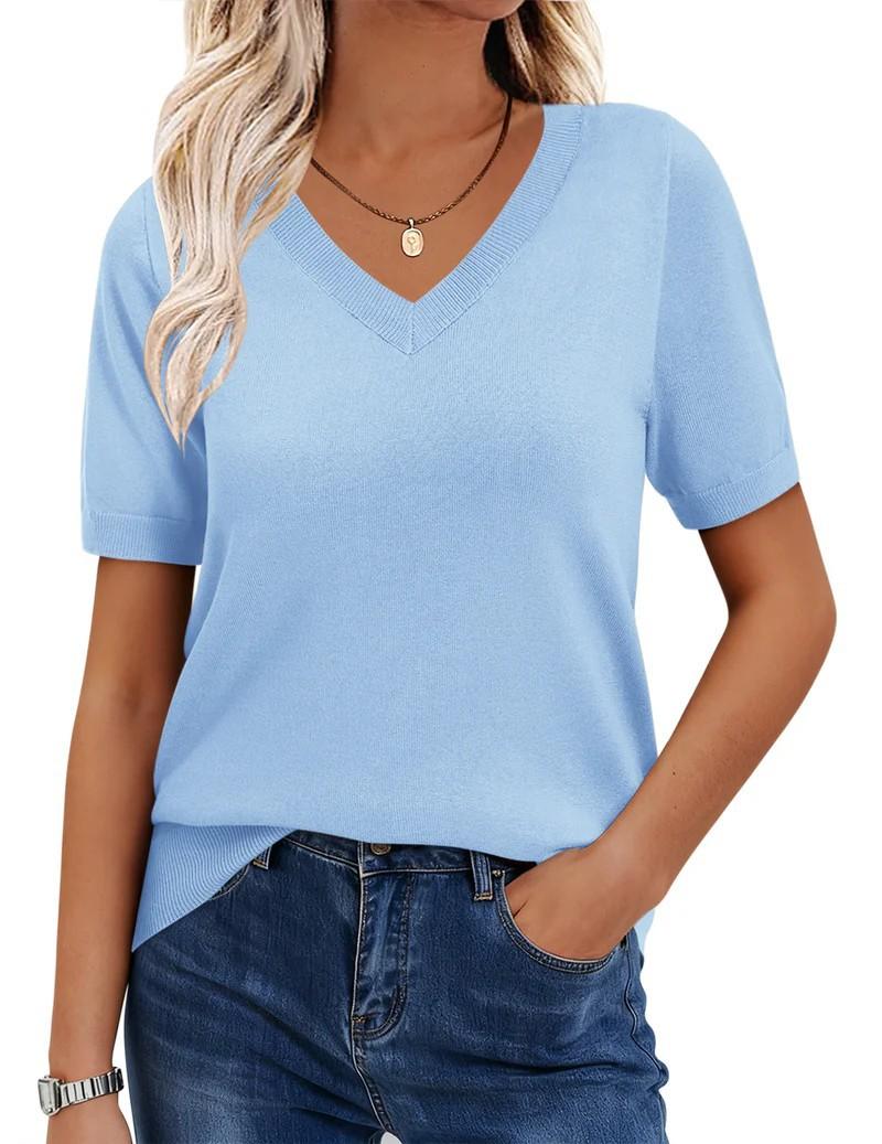 2026 European and American cross-border Amazon women s solid color elastic pullover V-neck T-shirt short sleeve cross-border fashion women s sweater S светло-синий