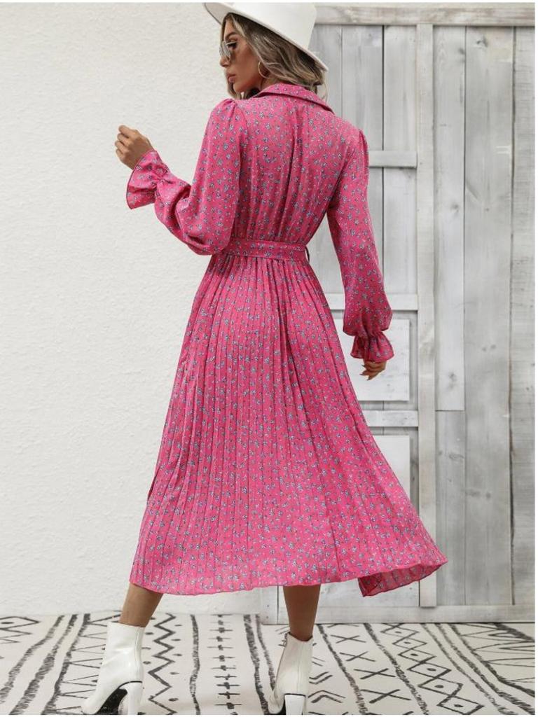 Turndown Collar Printed Pleated Dress Straps Dazzling Length Dress Elegant Long Sleeve Dresses Causal Women Dress
