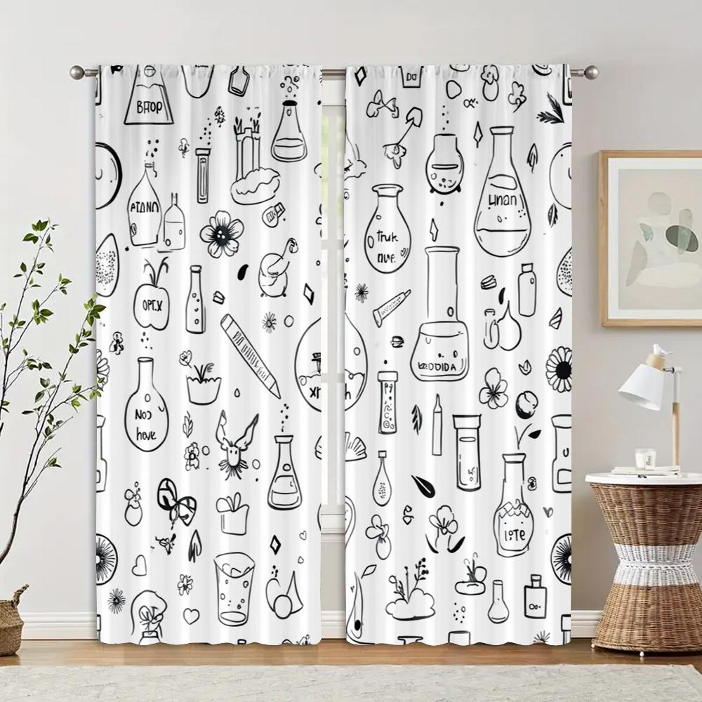 2pcs, Contemporary Curtains Black and White Floral Pattern Machine Washable (without Rod) Thermal Insulation, and Room Darkening