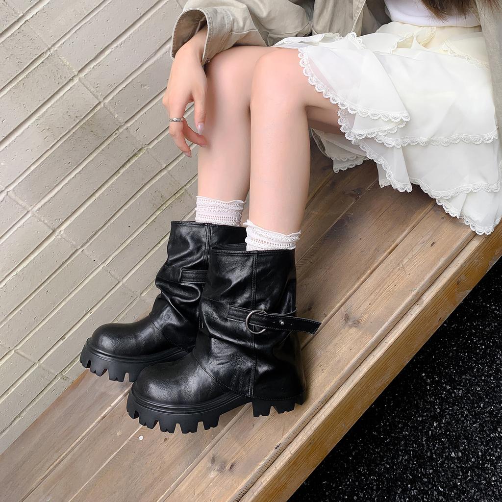 New Spot Platform Fashion Short Boots Women's Autumn and Winter Versatile Pleated Trouser Tube Boots British Style Medium Tube Martin Boots W