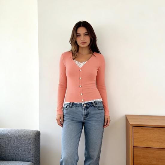 Women Tops V Neck Long Sleeve Lace Splicing Fake Two-Piece Design Blouse Slim Fit Casual Tops Work Party Date Daily Wear