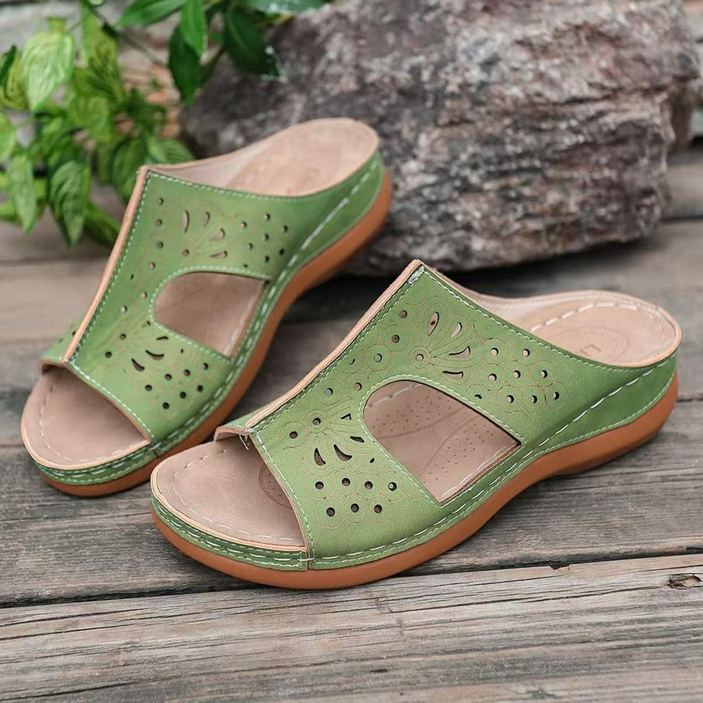Retro Round Head Women's Sandals Simple Solid Color Peep Toe Wedges Shoes Fashion Casual Beach Vacation Slippers