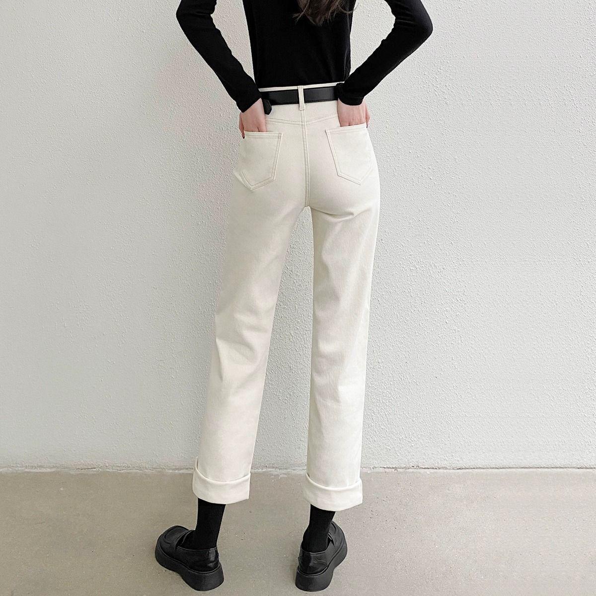 Winter 2025 High-Waisted White Velvet-Lined Slim-Fit Women s Cropped Denim Jeans with Narrow Leg. 27