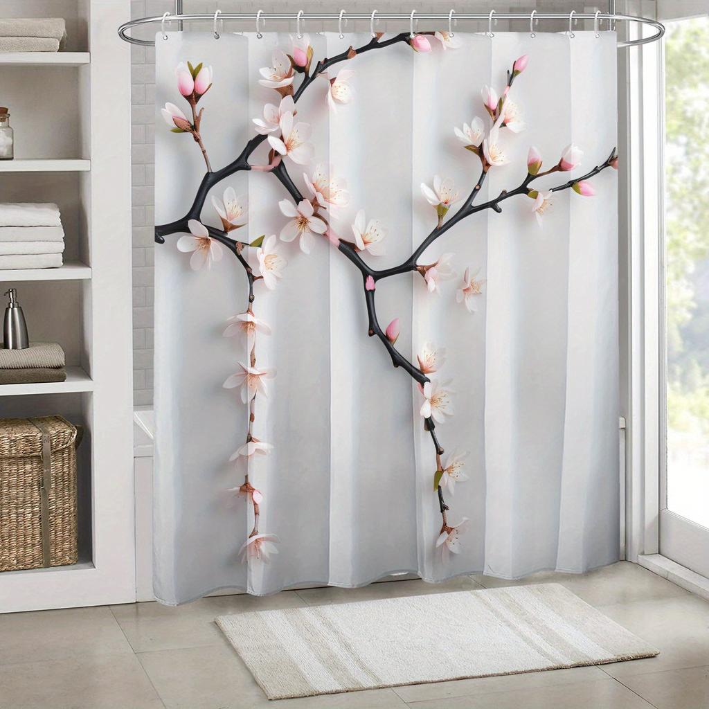 1 shower curtain with black branches and pink peach print on white background, high quality polyester fabric with hooks