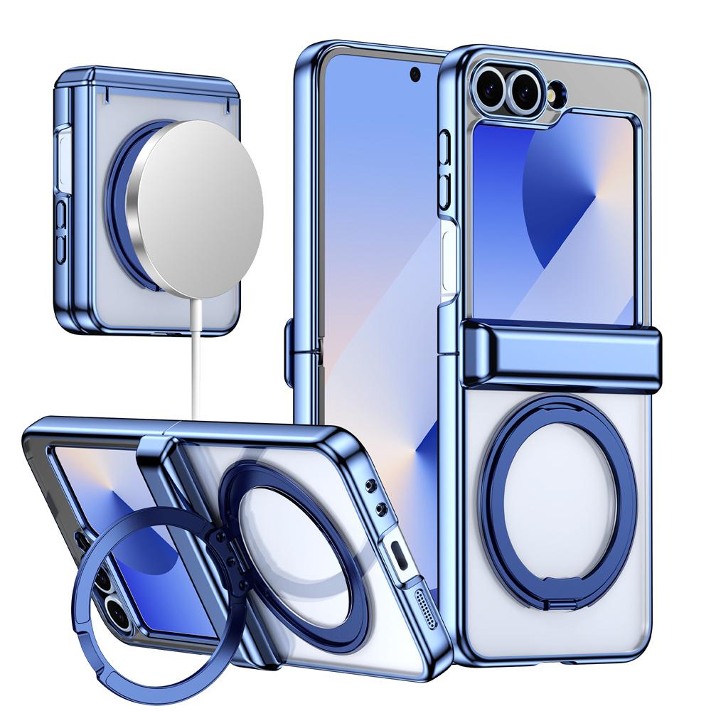 

Metal Folding Rotation Stand Clear Phone Case For Samsung Z flip 6 ZFlip 5 flip6 Plated Frame Flip Hinge Protective Cover Case & Holder&Galaxy Z Flip5