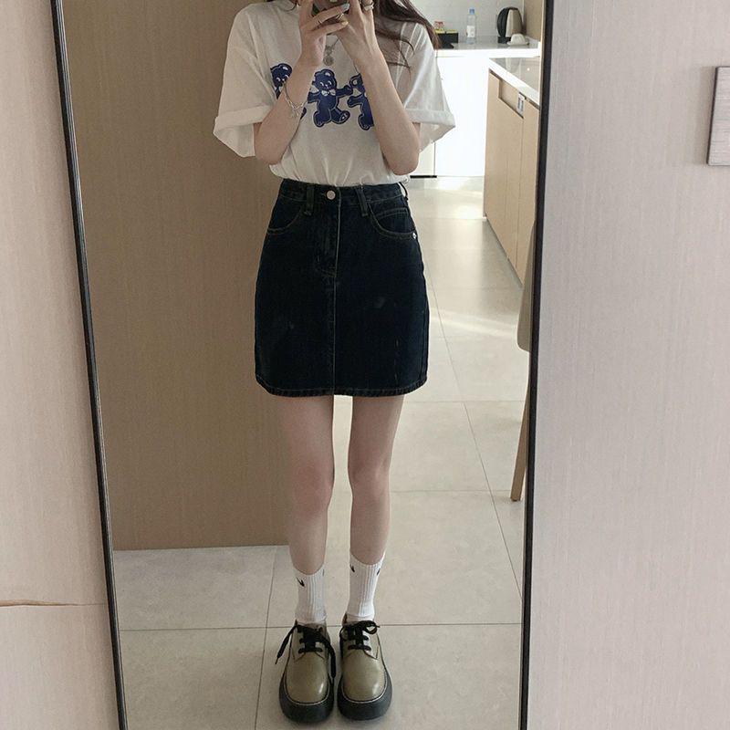 Korean Retro High-Waist Dark Blue Denim A-Line Skirt