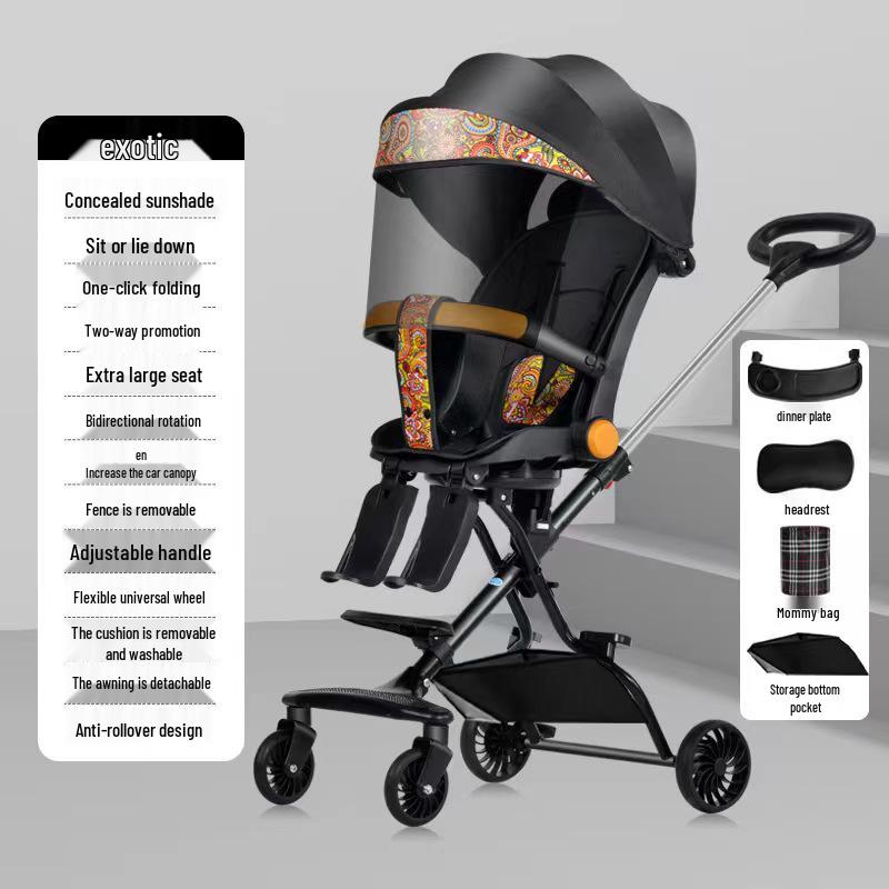 Cărucior pliabil bidirecțional cu șasiu înalt pentru bebeluș, cu patru roți