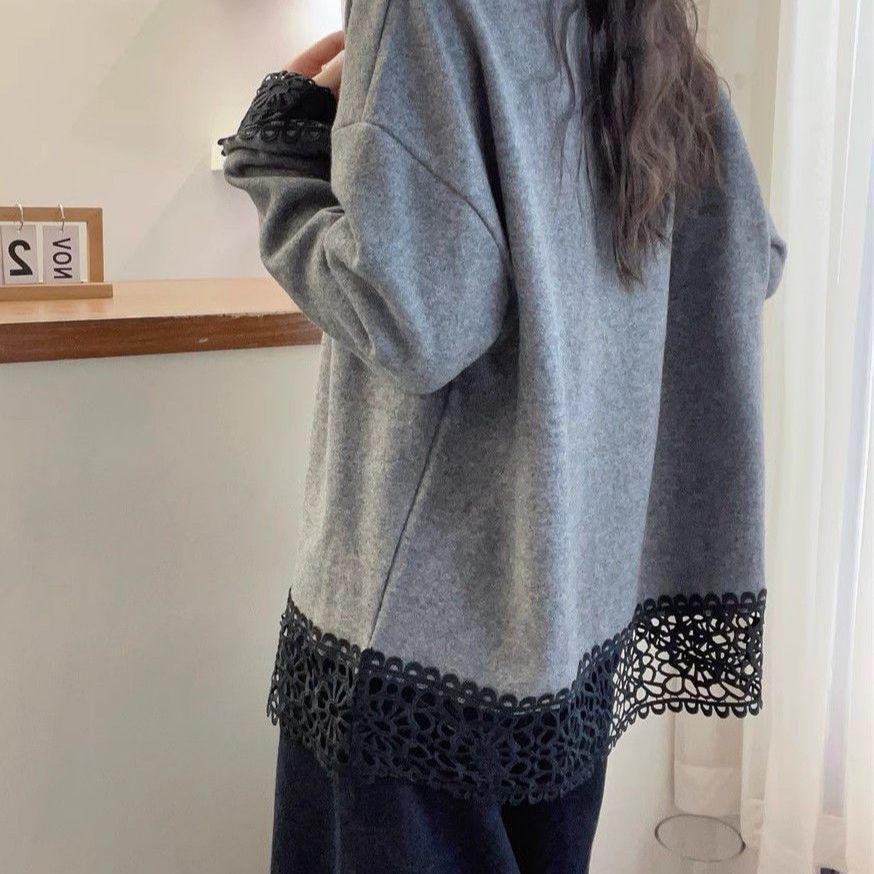 Plus Size Women's Velvet Lace Patchwork Long Sleeve Slimming Autumn/Winter Base Layer Inner Top