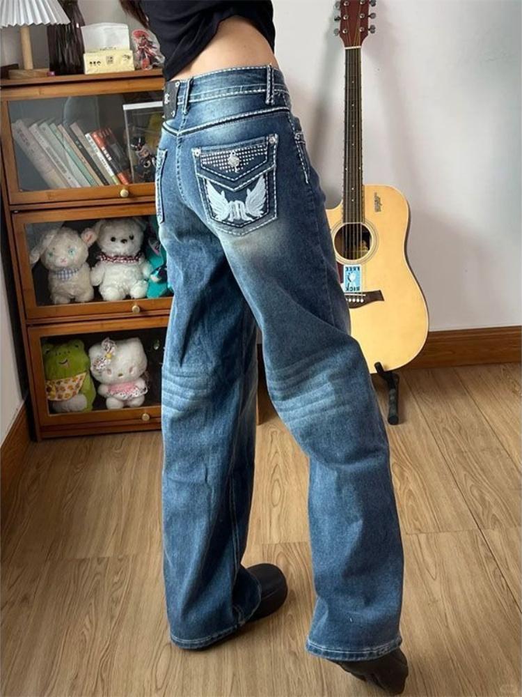 American Retro Design Pocket Heavy Washing Jeans Female Winter Embroidery Slim Joker Pants Trend