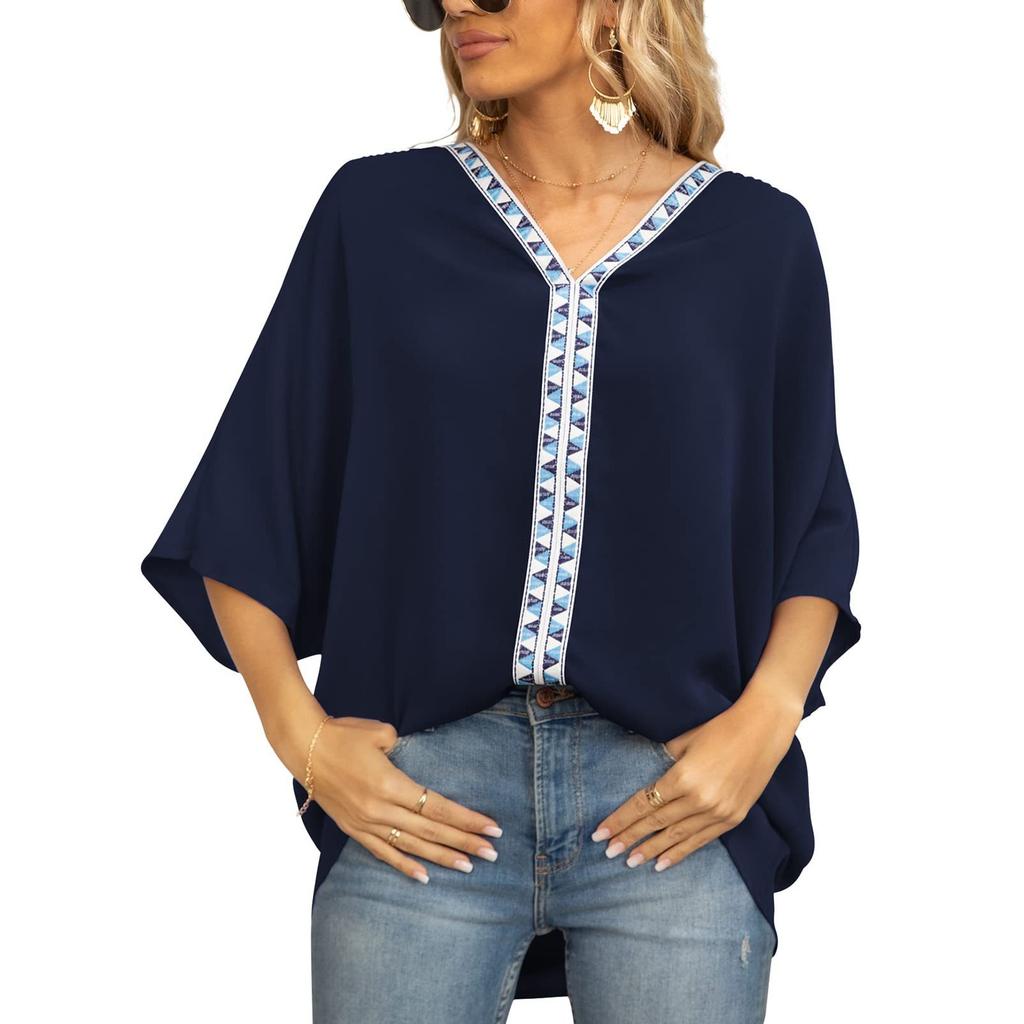 Summer New Women's Clothing Bat Sleeve Shirt V-neck Short Sleeved Shirt