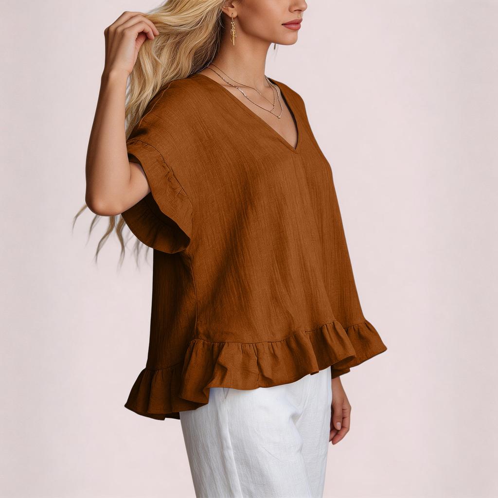 Women's Ruffled V-Neck Shirt Fashionable Casual Short-Sleeved Top