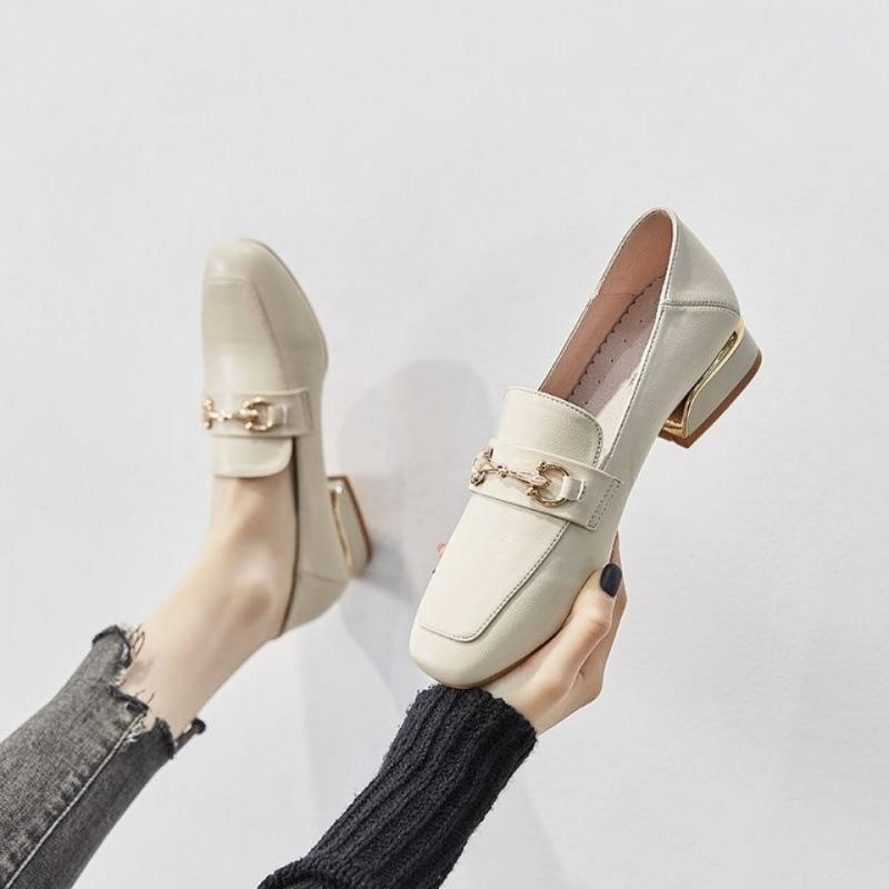 

Real soft leather single shoes women s thick heel 2024 autumn new British small leather shoes versatile medium heel one pedal loafers women 36 абрикосовый