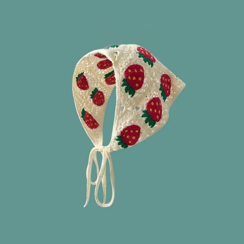 

Korean Sweet Cute Handmade Crochet Hollow Triangle Headband Towel For Women Girls Flower Headscarf Hair Accessories Strawberry#white