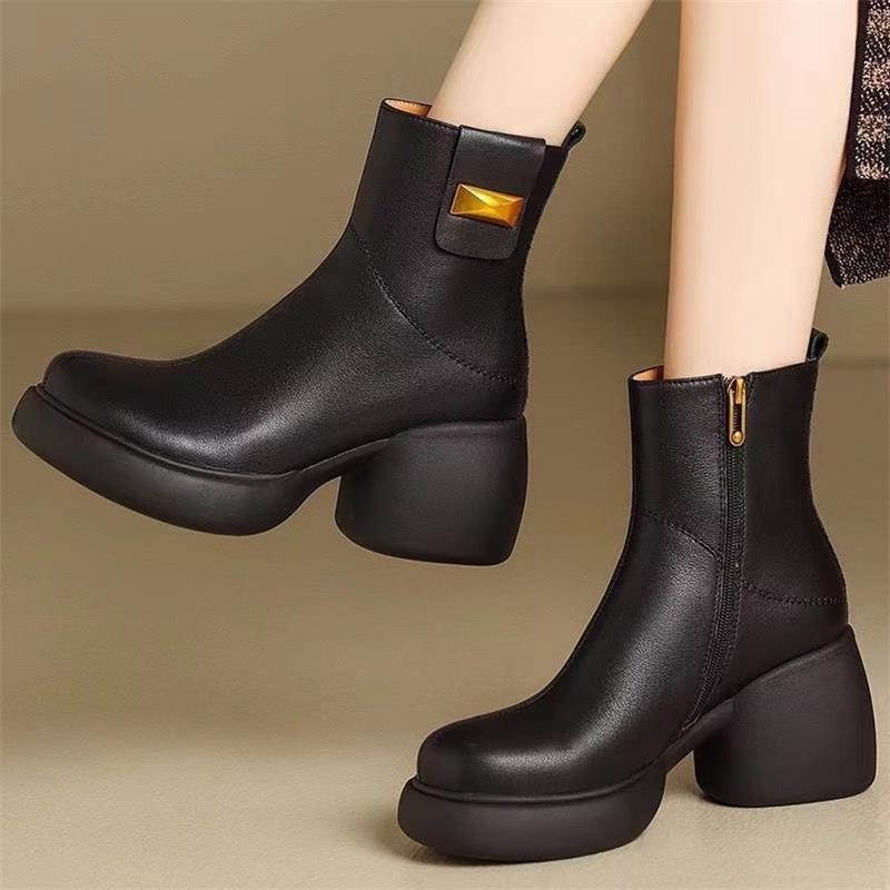 thick-soled Martin boots women's soft leather spring and autumn single boots 2025 new winter high-heeled side zipper thick heel thin short boots