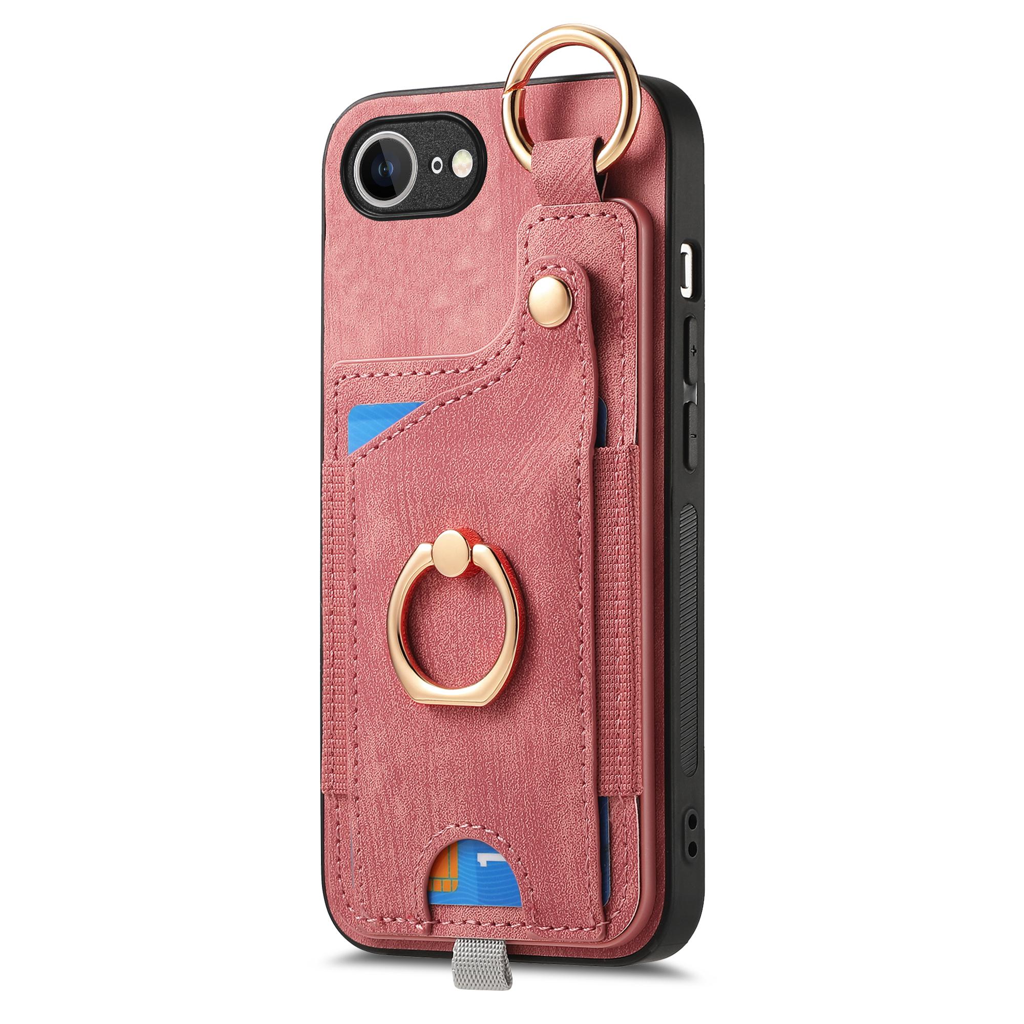 

For iPhone 16e Retro Leather Phone Back Cover with Card Slots and Ring Holder Black