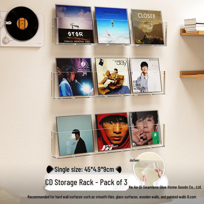 Transparent Acrylic Wall-Mounted Record & CD Display Rack - No-Drill Design for Creative Living Room Decor