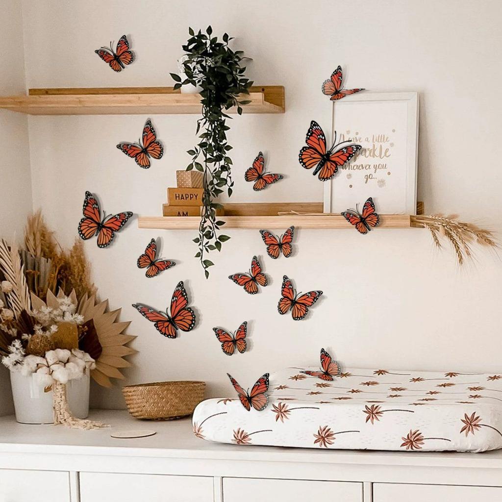 3 Sady Dekorací Motýla Monarchy Oranžový Prémiový Umělý Motýl Monarchy k Dekoraci pro Řemesla, Domov, Zeď, Svatbu, Oslavu