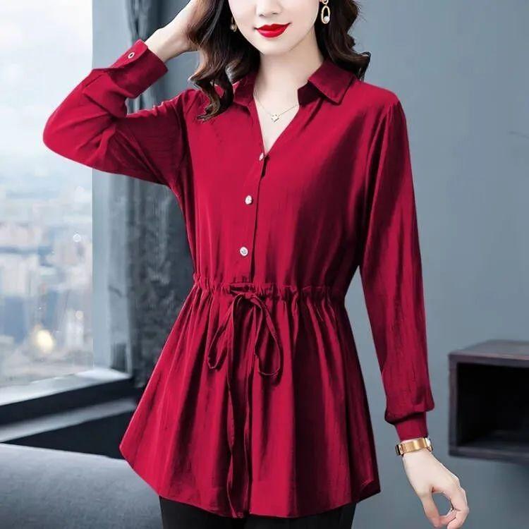 Stylish Slimming Chiffon Blouse Women's Waist-Fitted Top Belly-Covering Slim Fit Shirt Spring