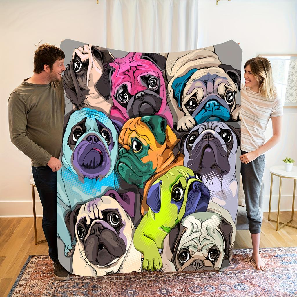 Cute Cartoon Pug Dog Blanket Colorful Pet Illustration Soft Cozy Warm Throw for Bed Sofa Travel Gift