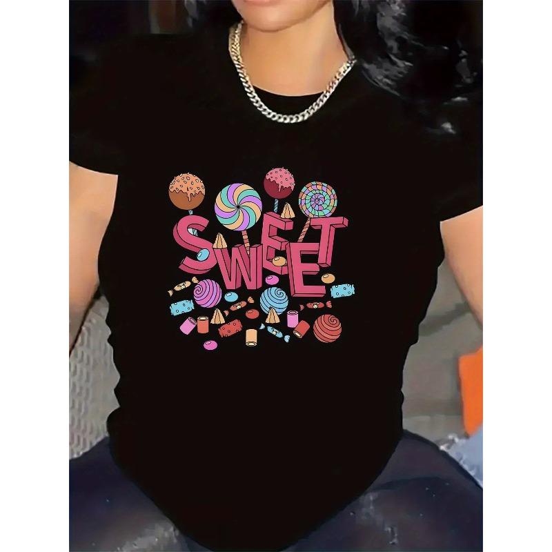 

European sizes Women S Black & White Candy Graphic T-Shirt - Sweet! Text with Lollipops Perfect Gift for Dessert Lovers - Casual Women S Fashion Top 4XL чорний