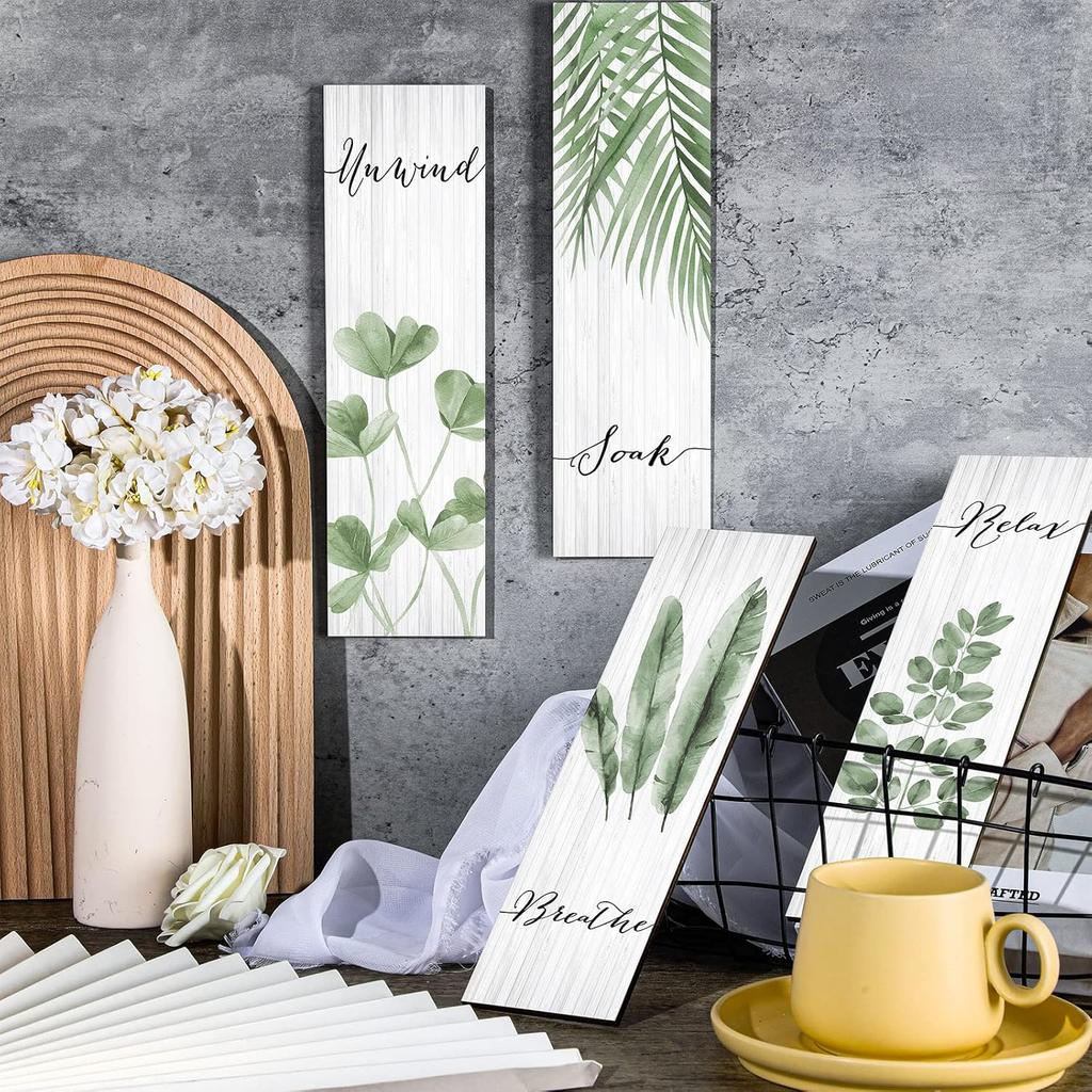 Yookeer Bathroom Wall Decor 4 Pieces Relax Soak Unwind Breathe with Boho Leaf Art Print Minimalist Sign Botanical Wooden Hanging Wall Art Decor for