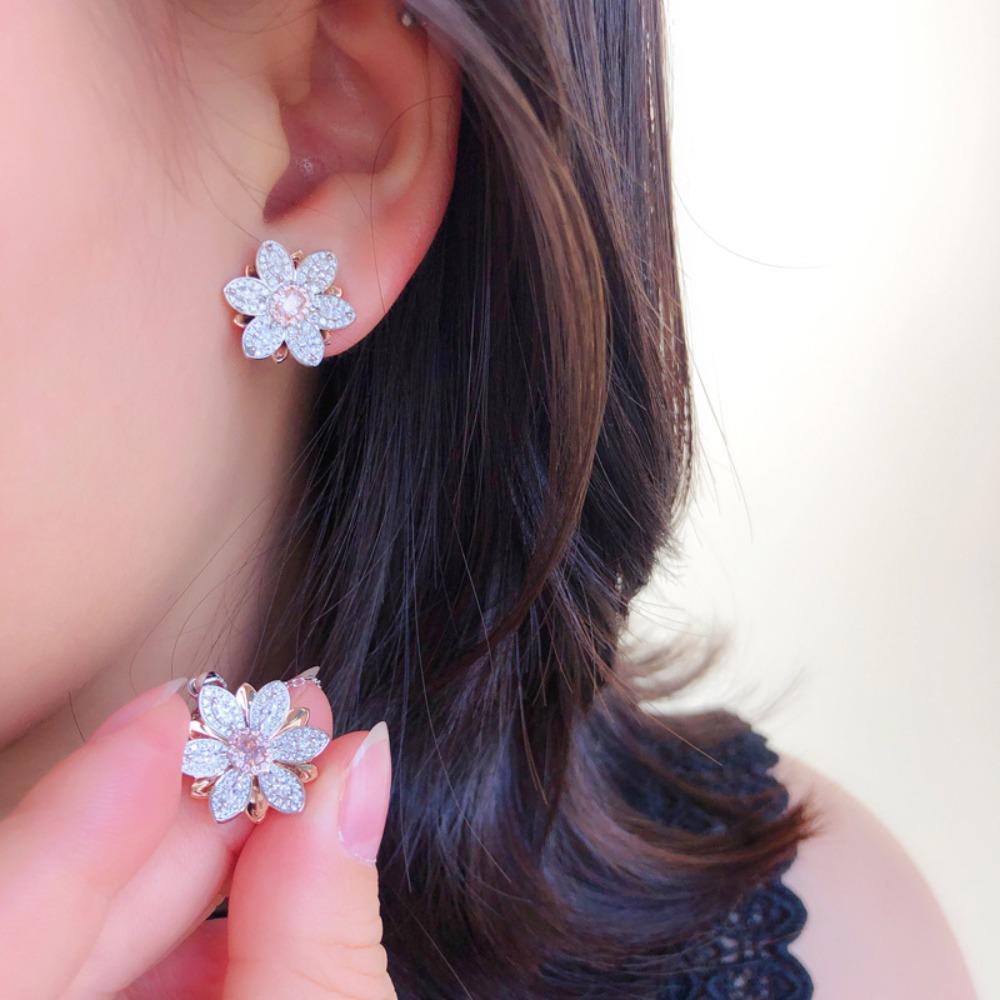 Spring Lotus Pink Diamond Jewelry Set for Women Open Ring Pendant Earrings Necklace