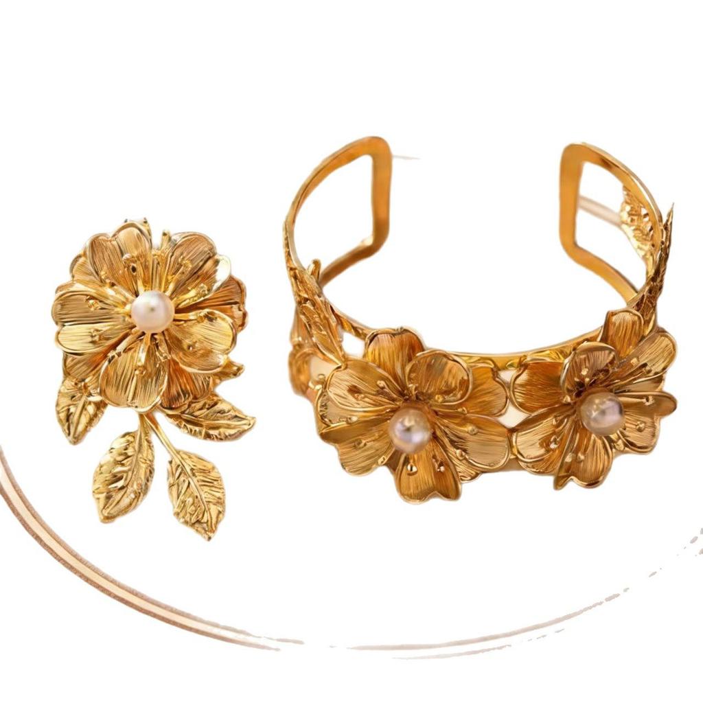 Retro Floral Faux Pearl Adjustable Bracelet Ring Set for Women