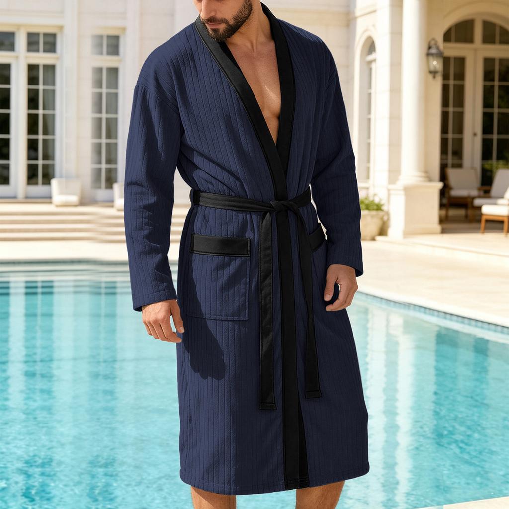 Bata Kimono de Manga Larga para Hombre con Ribete Tejido Suave y Ligero Bata de Baño con Cinturón y Bolsillos para Spa en Casa