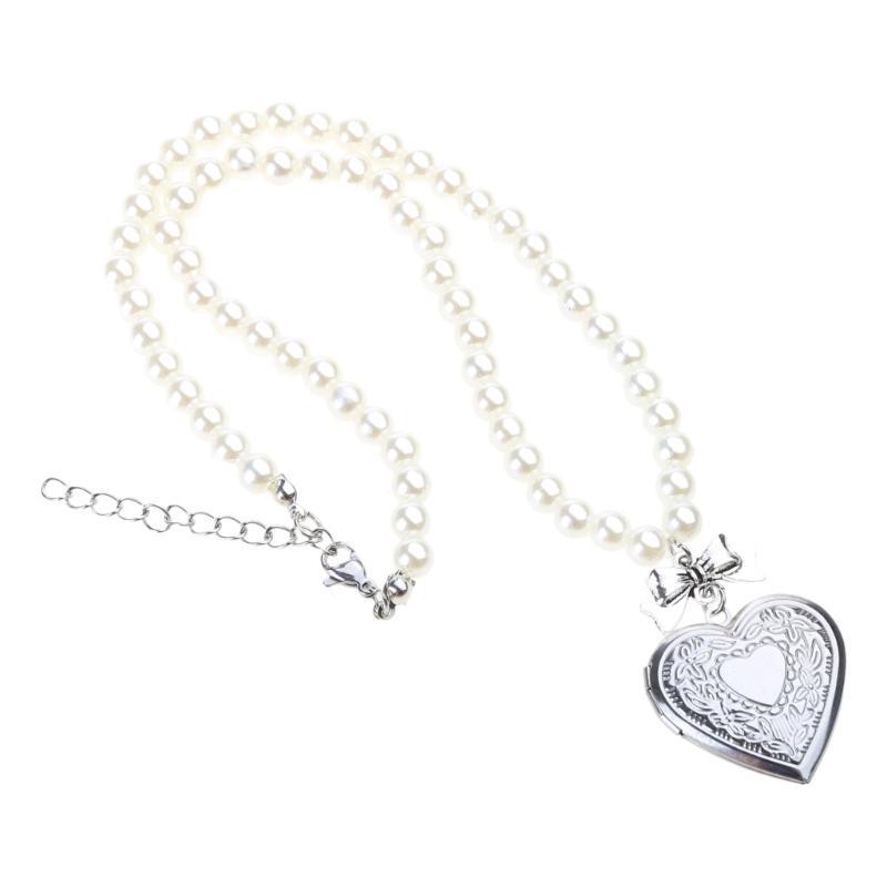 A52E Heart Bowknot Pendant Necklace Sweet Cool Clavicle Chain Pearl Chain Necklace CN