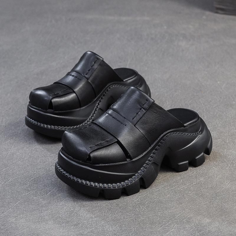 

Модные 7 см Лоферы из натуральной коровьей кожи, резиновые балетки на платформе, сандалии на танкетке с крючком, летние уютные комфортные контурные тапочки, обувь 40 чёрный