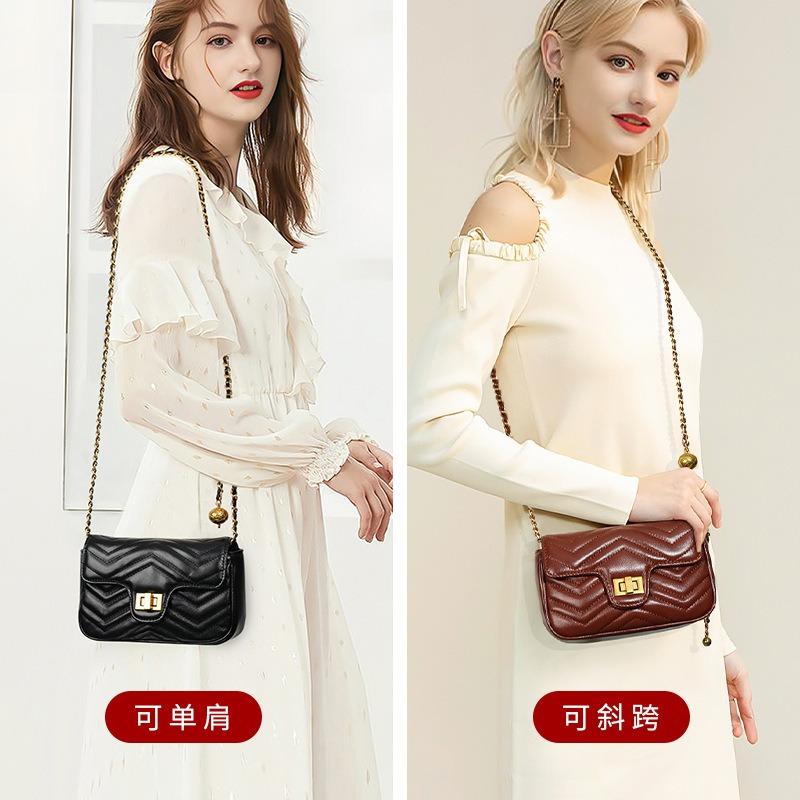 New first-layer cowhide women's bag, genuine leather commuting high-end light luxury chain messenger small square bag