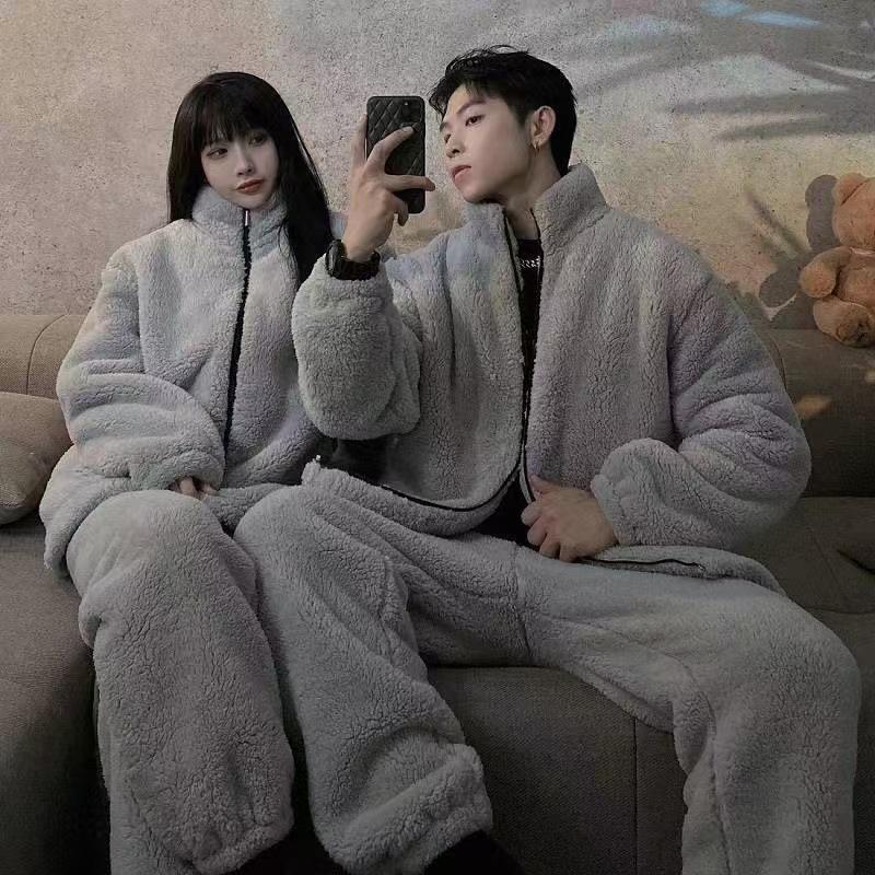 Polka Dot Coral Fleece Couple Pajamas Set Winter Zipper Flannel Men'S Loose Casual Loungewear Girls