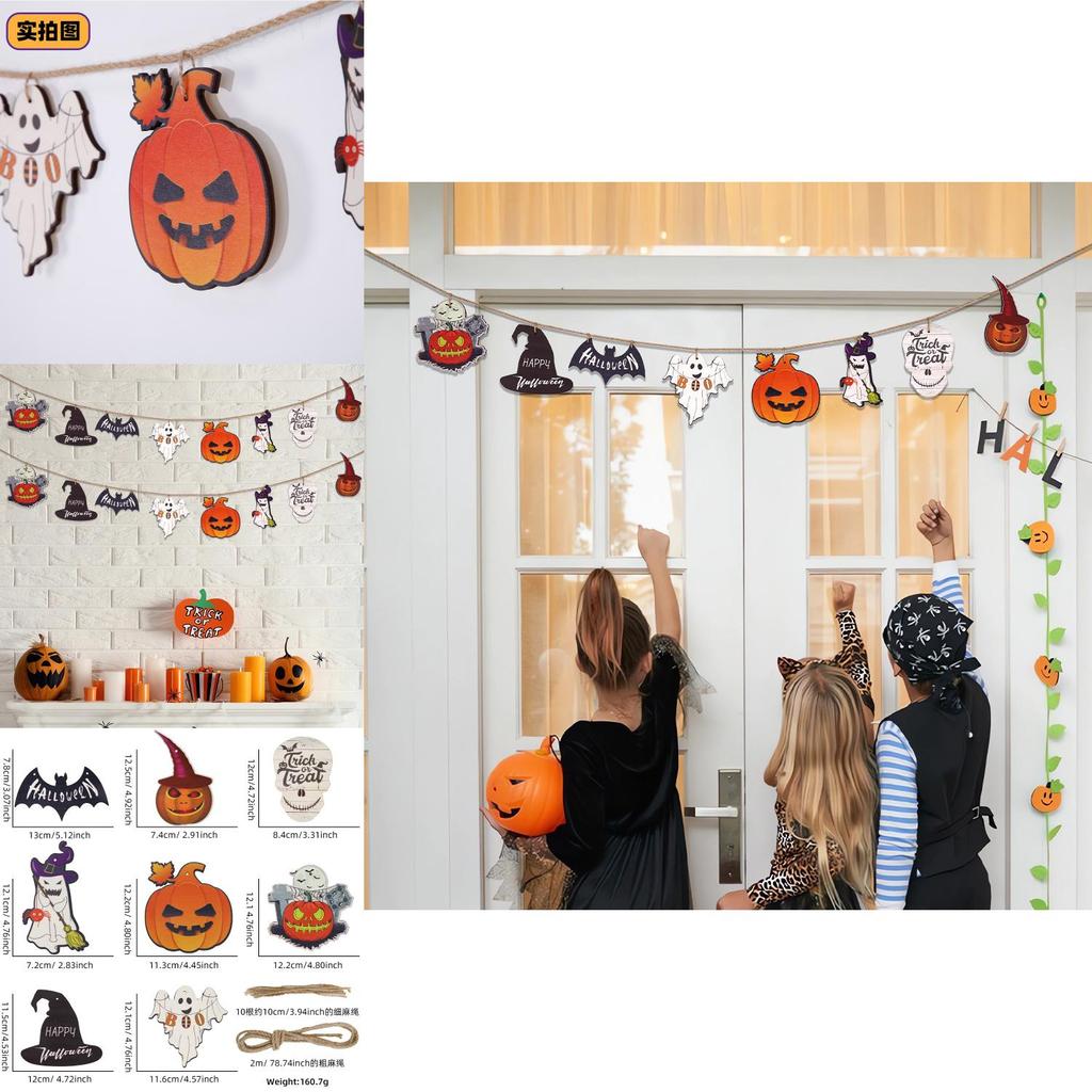 Festive Halloween Wooden Flag Banner Decor Featuring Ghosts And Pumpkins For Parties