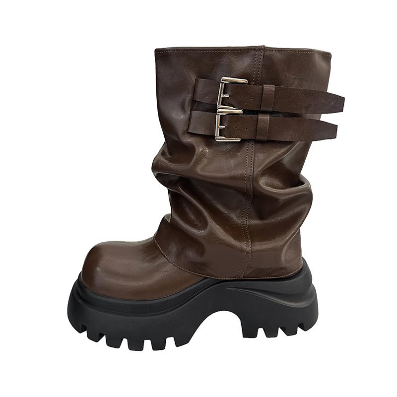 

Sleeve Single Boots Autumn New Round Toe Metal Buckle Platform Anti-slip Wear-resistant Single Shoes 40 коричневий