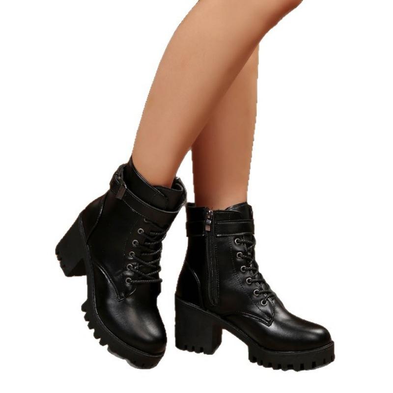 Large Size Square with Round Head Metal Cross Strap Martin Boots Autumn New Side Zipper Women's Boots Emu