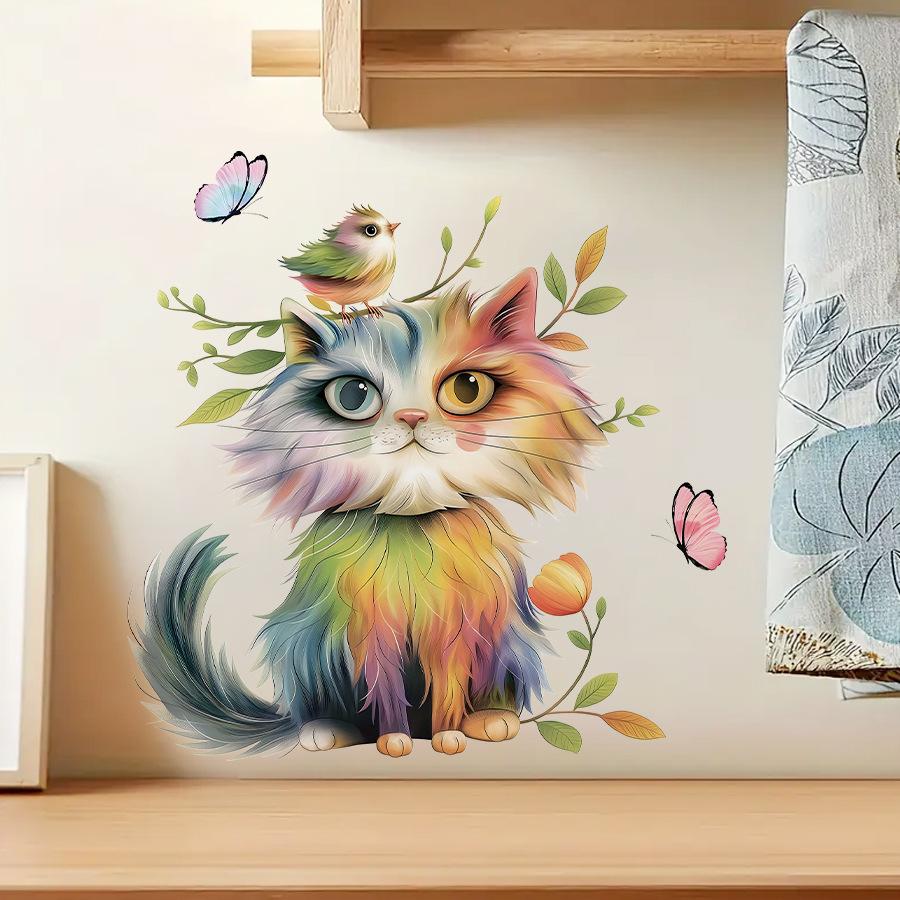 Cartoon Watercolor Cat Bird Butterfly Wall Stickers, Self-Adhesive Decor for Bedroom Kids Room Kitchen Decoration