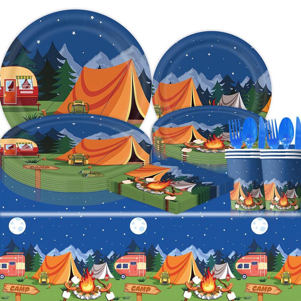 Camping-Themed Birthday Party Disposable Tableware Set: Plates, Cups, Napkins, Tablecloth, Cutlery.