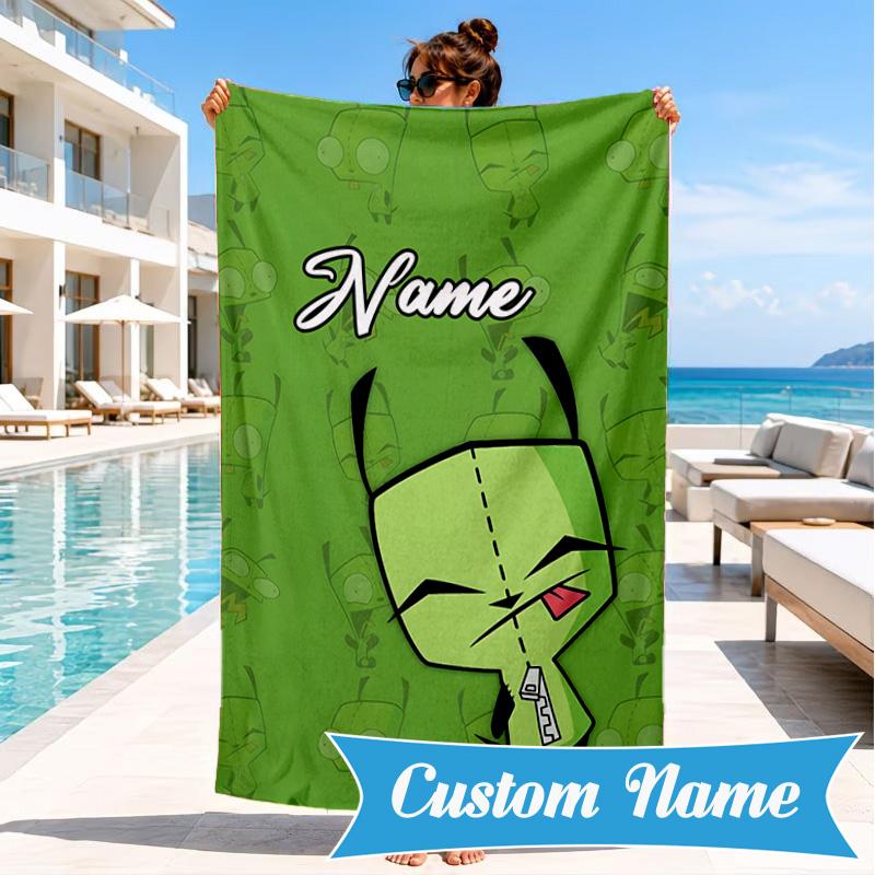 Custom Name Alien Expressions Collection Heart In Space Adventure Microfiber Beach Towel, Lightweight for Summer Travel, Swimming Pool Fan Gift